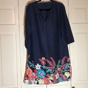 Talbots Navy Linen Floral V Neck 3/4 Sleeve SZ L